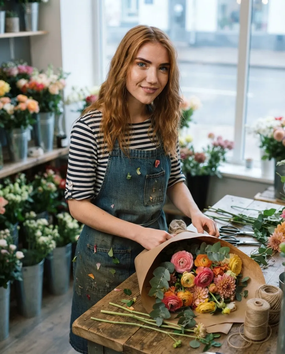 Young woman wrapping a bouquet at a florist's workbench surrounded by buckets of flowers