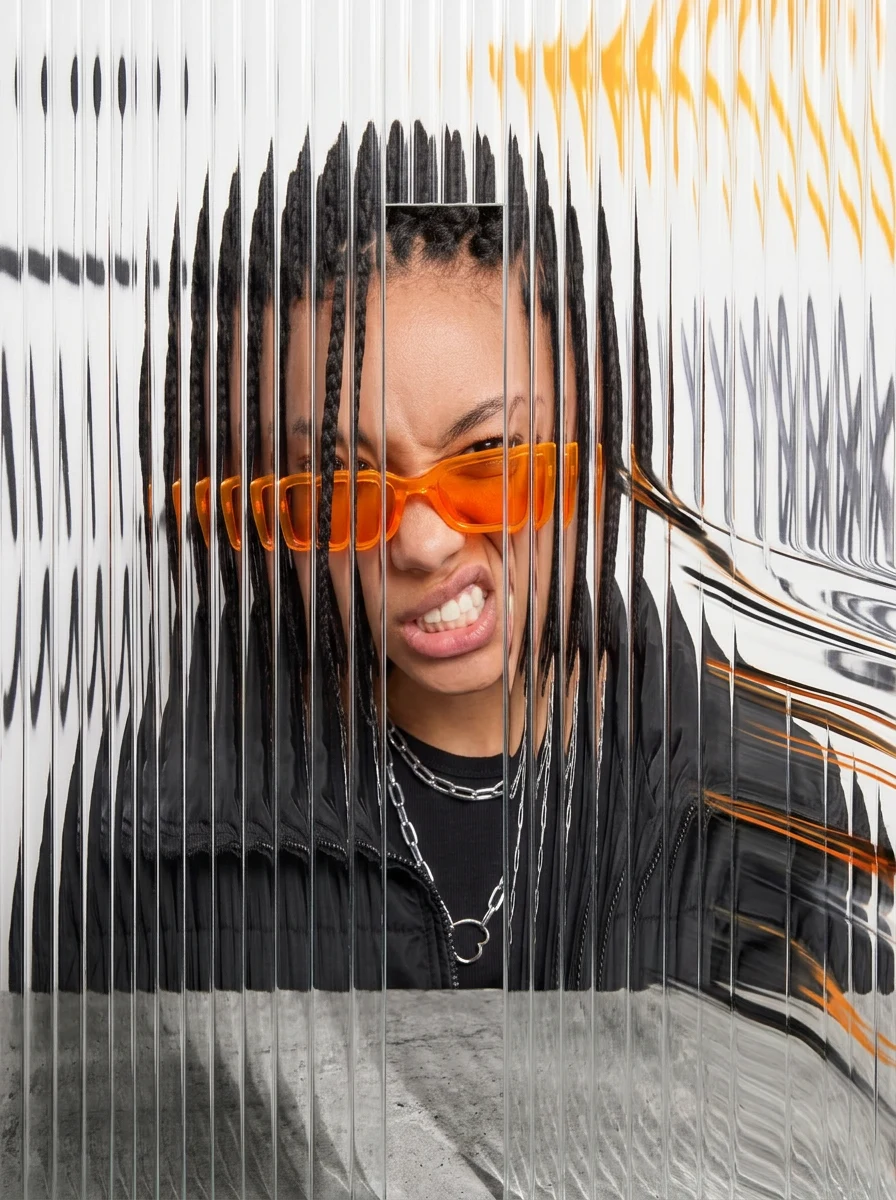 Portrait seen through vertical fluted glass, with the face sharp and the edges smeared into strips