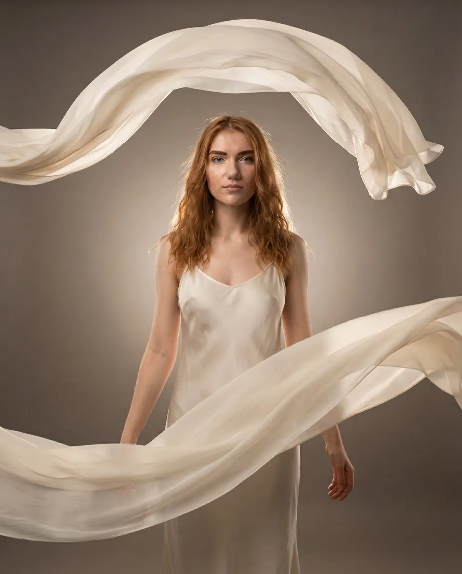 Editorial studio portrait with lengths of silk fabric caught in mid-air around the subject