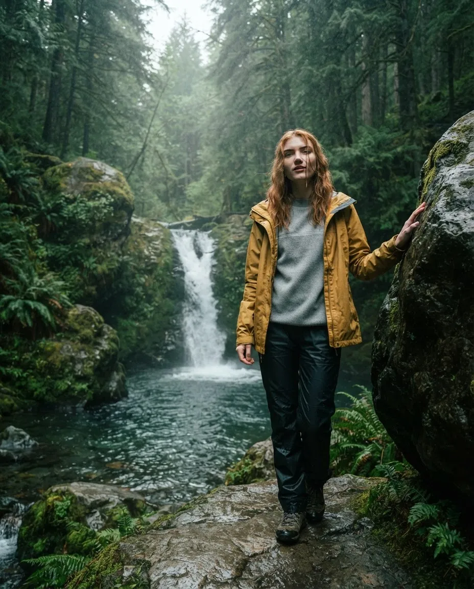 Young woman in a raincoat on wet rocks beside a forest waterfall with mist in the air