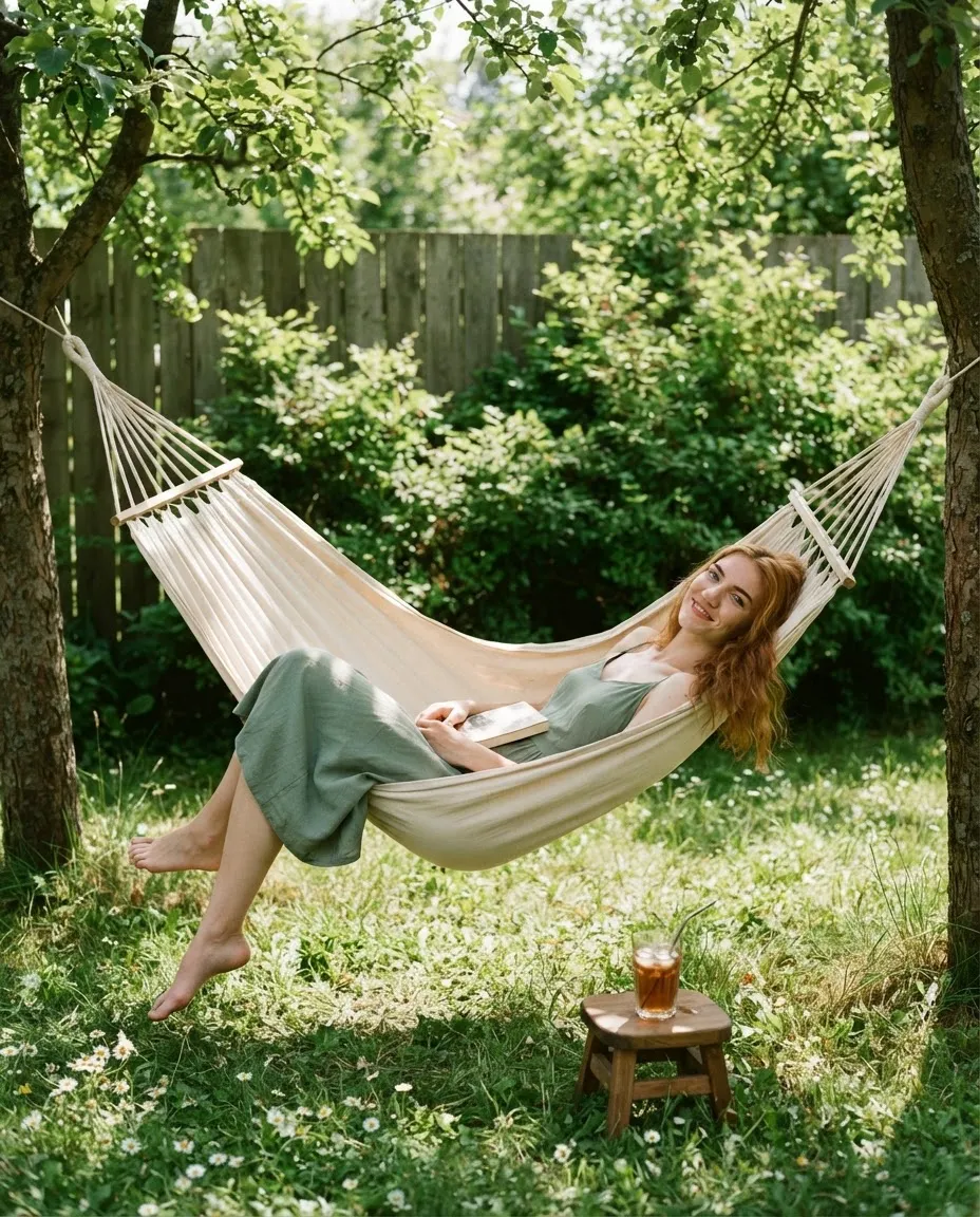 Young woman lying in a garden hammock under trees with dappled summer light across her