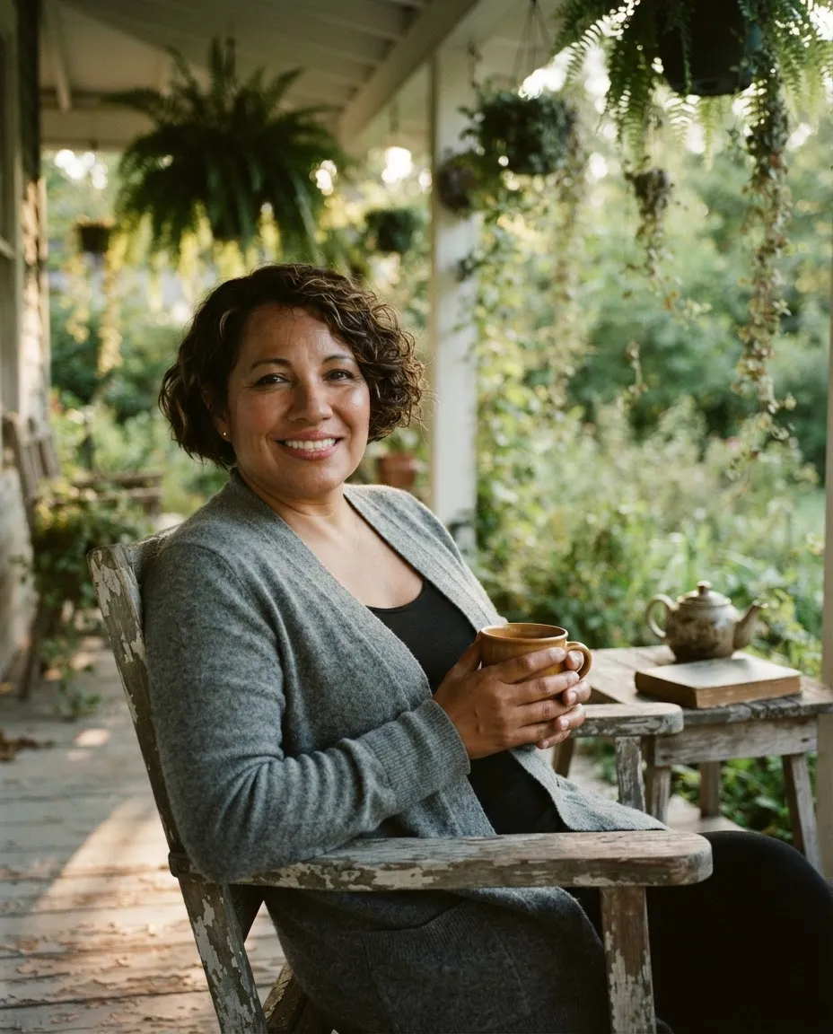 Woman with a coffee mug on a garden porch surrounded by hanging plants in soft morning light