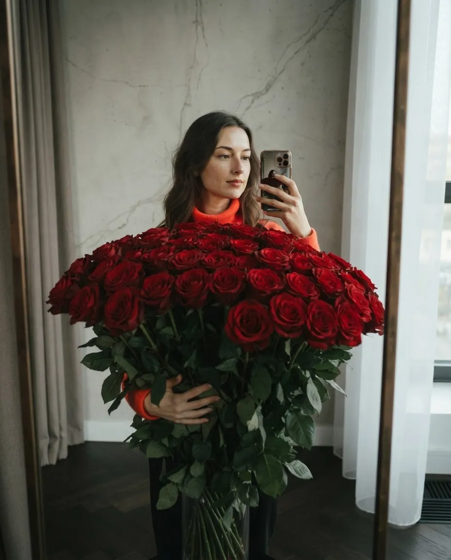 Mirror selfie behind an enormous two-metre bouquet of red roses in a minimalist apartment
