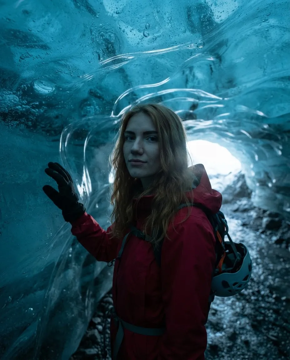 Young woman inside a glacier ice cave lit by deep blue light through the ice