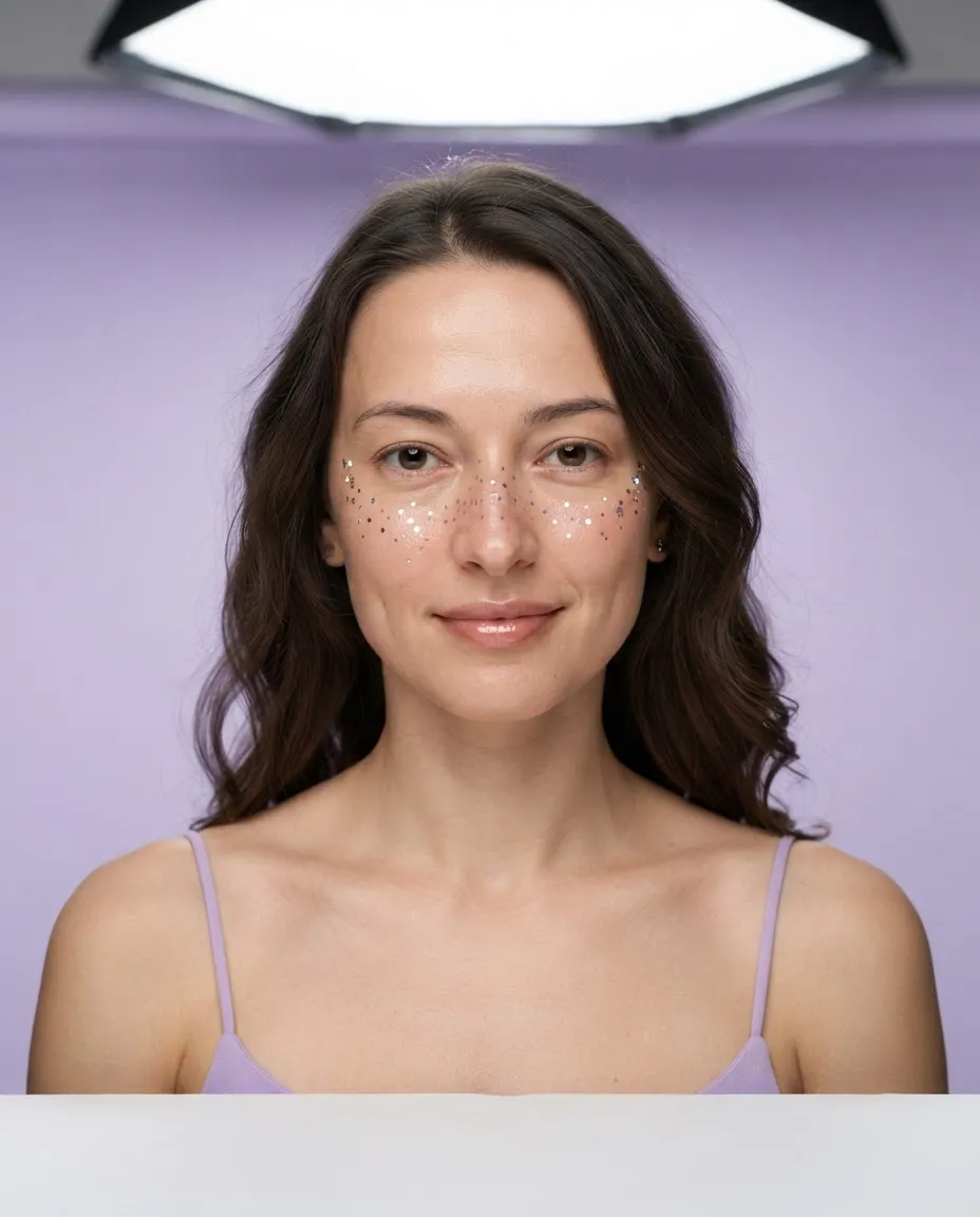 Close-up beauty portrait with tiny glitter dots placed along the cheekbones like freckles