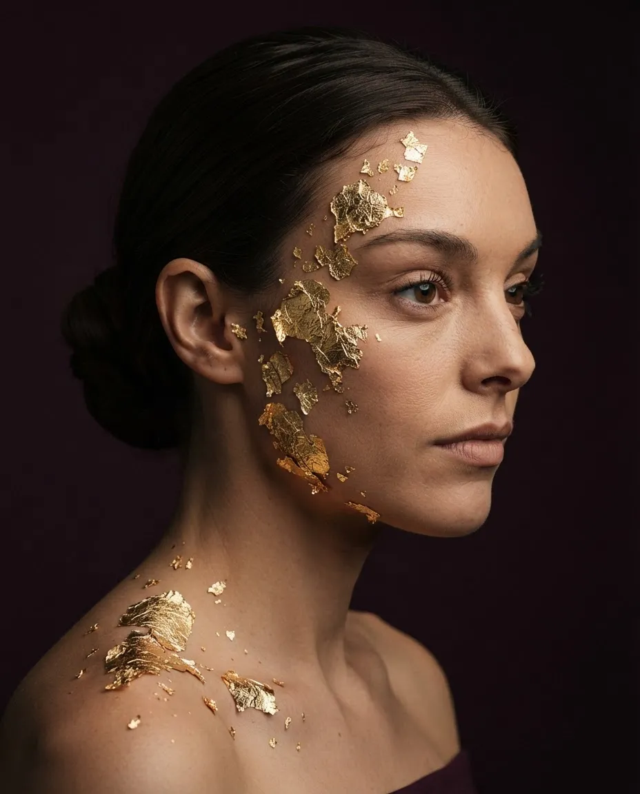 Profile beauty portrait with fragments of gold leaf on the cheekbone and brow against a dark backdrop
