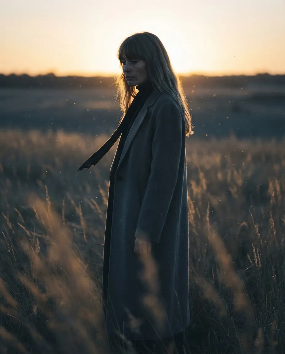 Woman in a charcoal wool coat at dusk in a field of tall grass, backlit by the setting sun