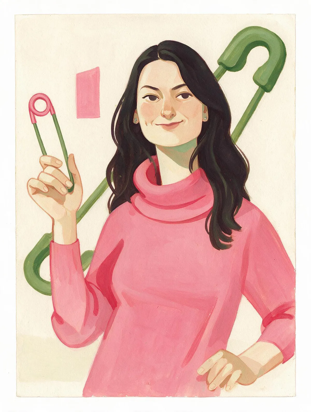 Gouache-style character illustration in sage green and rose pink on cream paper, painted from a photo