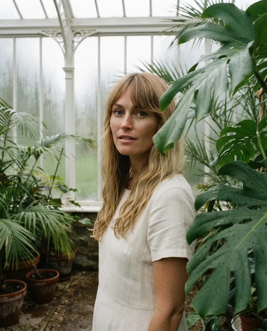 Woman among large tropical leaves inside a Victorian glasshouse with fogged glass panes