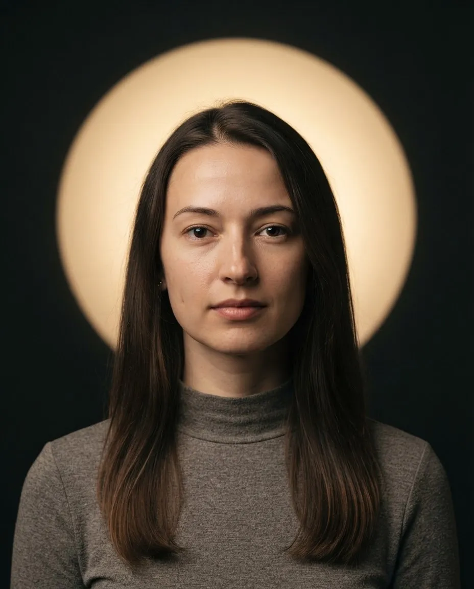 Studio portrait with a glowing circle of light on the backdrop directly behind the head