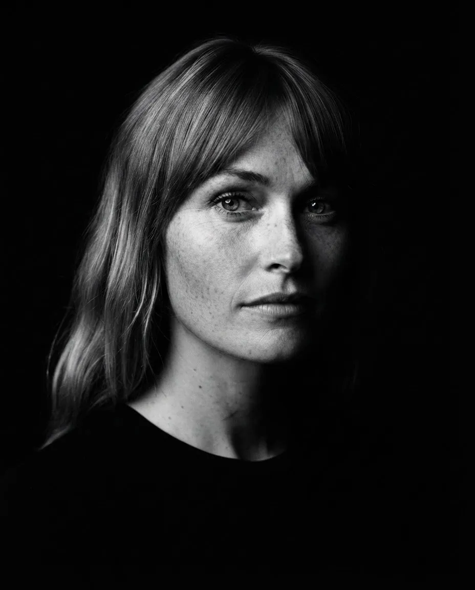 Dramatic studio portrait lit by a single hard light against a pure black backdrop