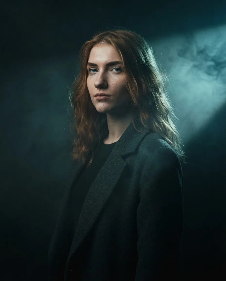 Cinematic studio portrait with visible light beams in haze and a teal gelled source
