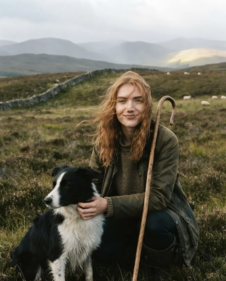 Young woman in a waxed jacket with a border collie on open highland moorland