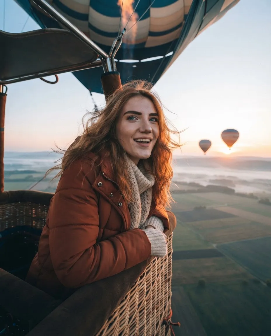 Young woman in a hot air balloon basket at dawn with fog in the valleys and other balloons behind