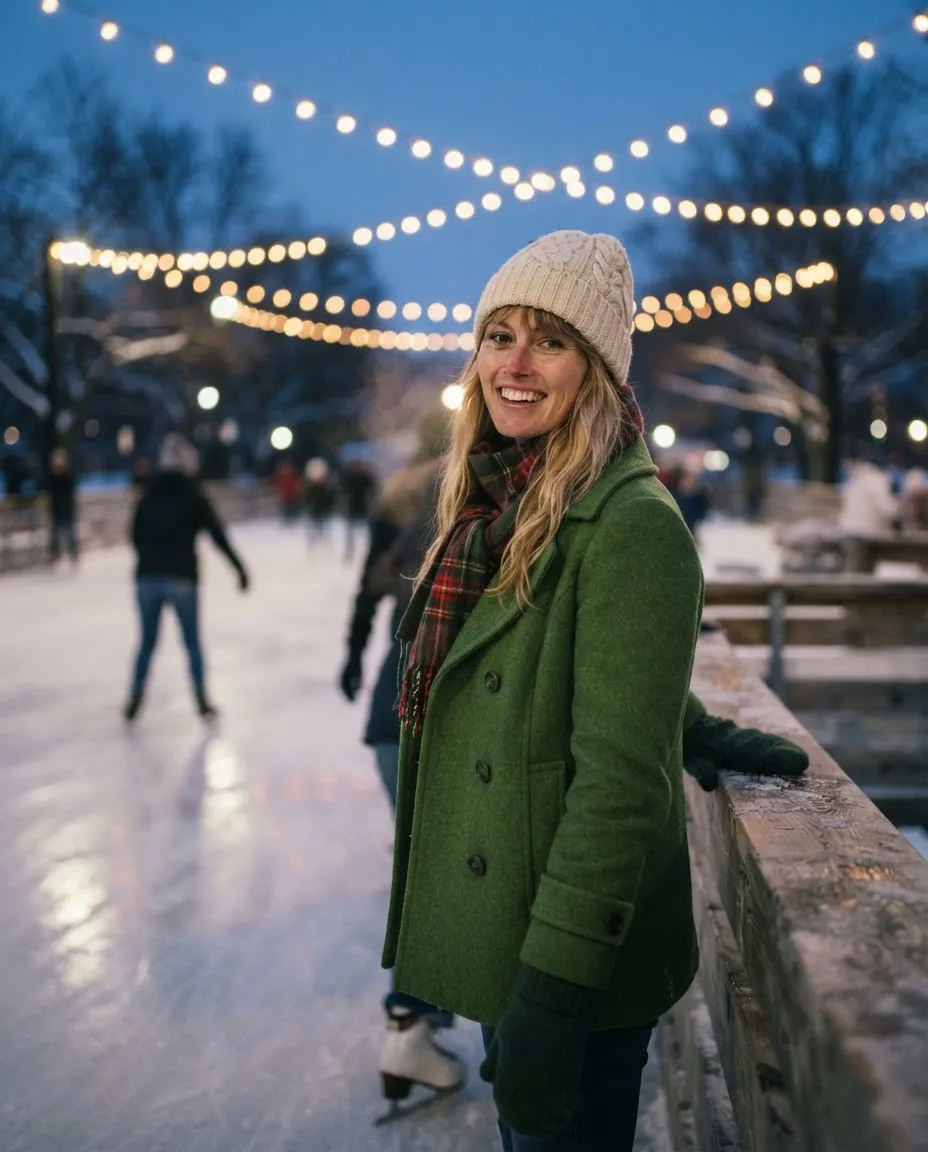 Woman in a knit hat on an outdoor ice rink at dusk under warm string lights