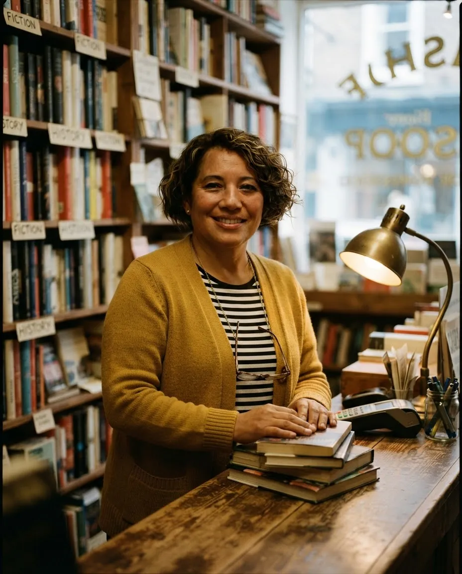 Woman standing behind the counter of a small independent bookshop with stacked books and a brass lamp