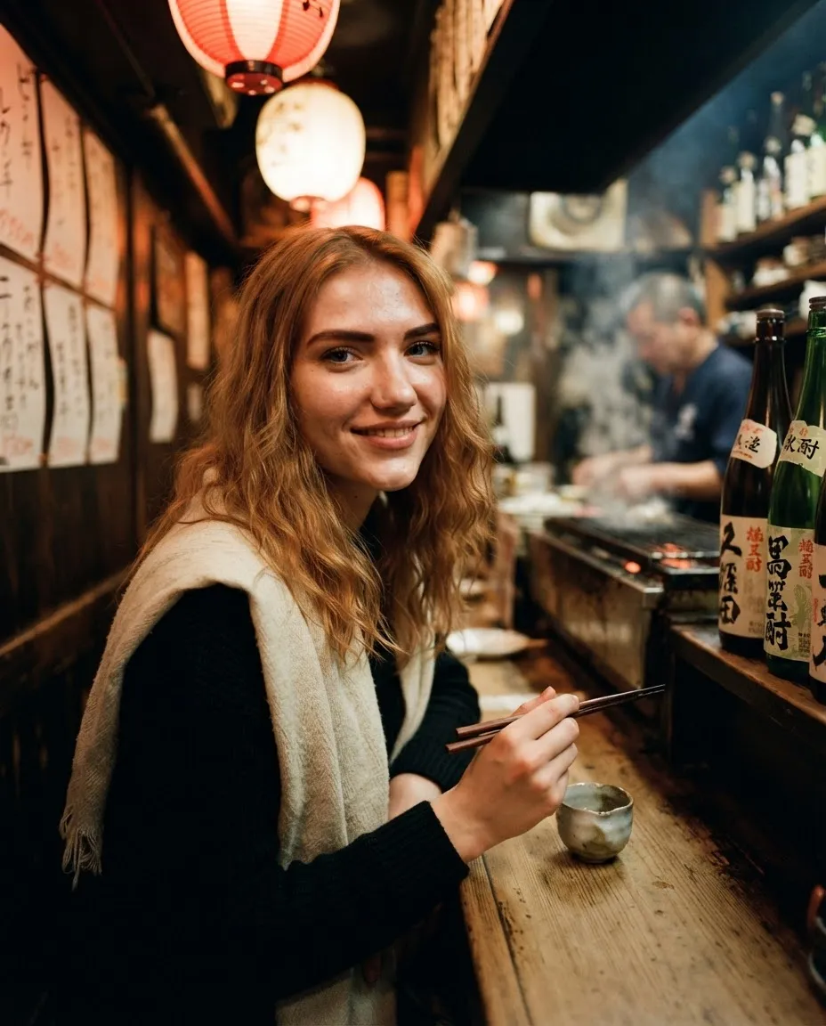 Young woman at a small izakaya counter at night lit by warm paper lanterns