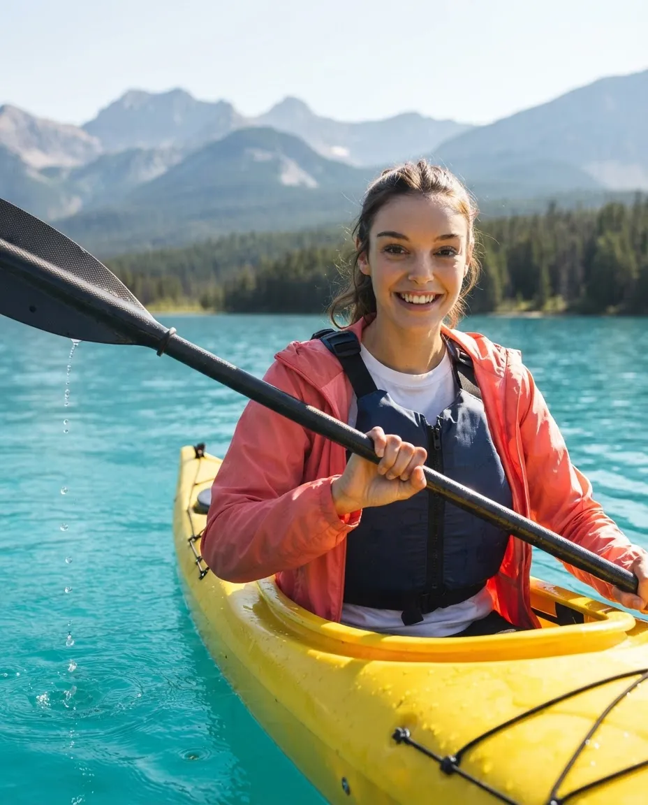 Young woman in a kayak on a bright turquoise mountain lake with peaks behind