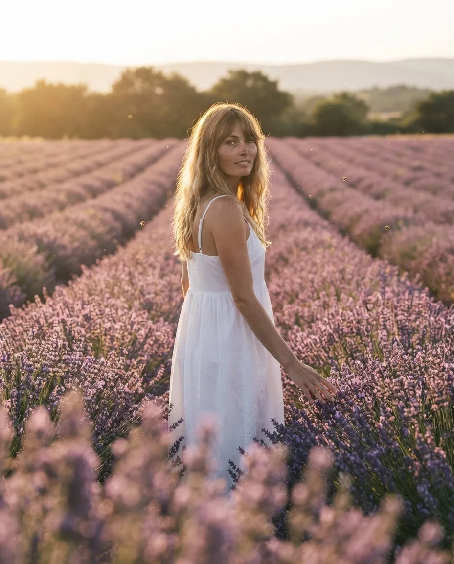 Woman in a white sundress walking between rows of blooming lavender with the sun low behind her