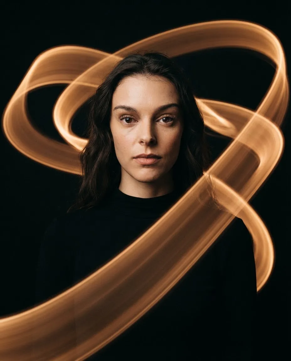 Studio portrait with glowing light trails drawn through the air around a sharply lit face