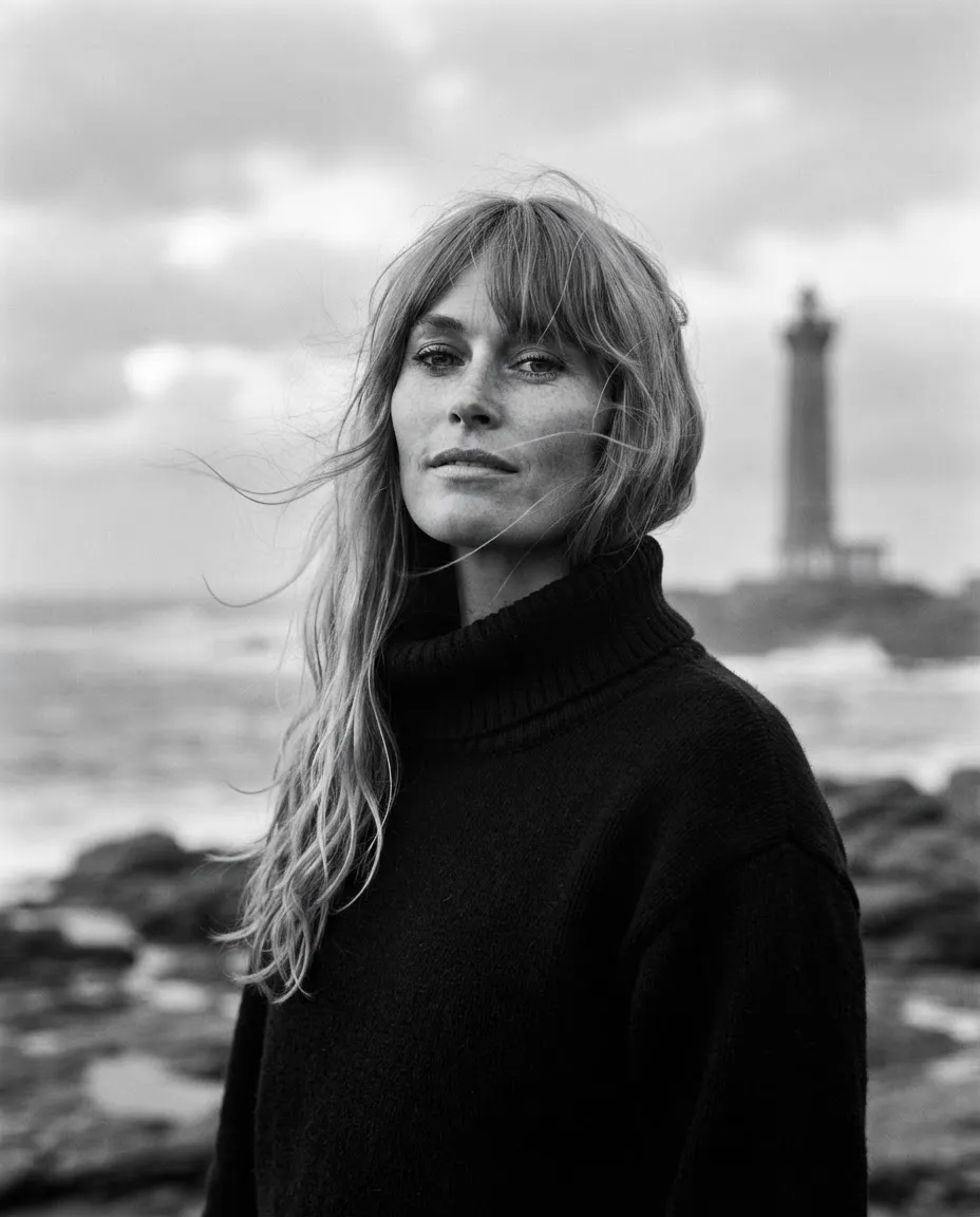Black and white portrait of a woman in a dark wool sweater on a rocky coast, lighthouse blurred behind her