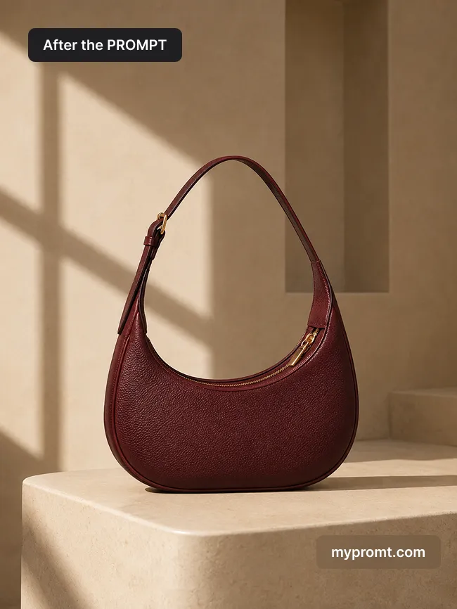 Burgundy leather shoulder bag standing on an ivory limestone pedestal with soft window shadows