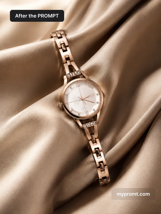 Rose-gold watch resting in sculptural folds of champagne silk under soft studio light