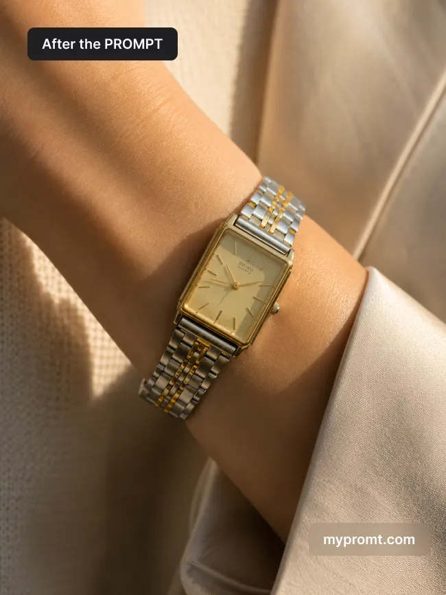 Luxury watch wrist campaign shot — AI prompt result (after)