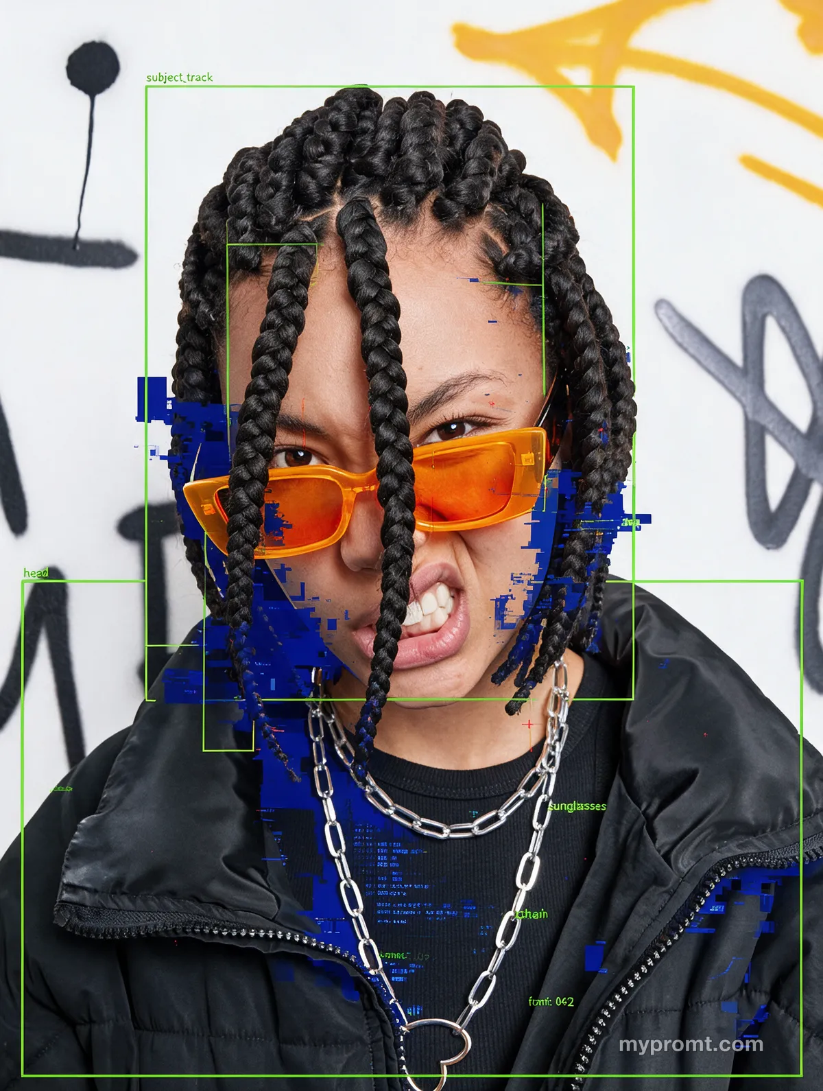 Photo overlaid with green machine-vision detection boxes and labels, interrupted by blocks of blue corrupted data