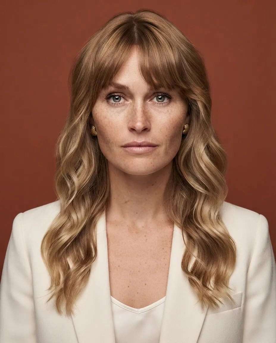 Studio beauty portrait of a woman in an ivory blazer against a terracotta backdrop, magazine cover lighting