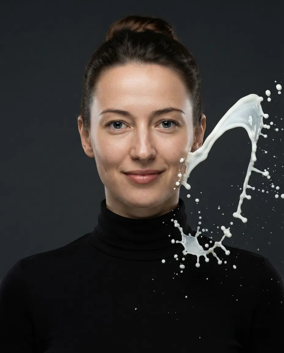 Studio portrait with an arc of white liquid frozen in mid-air beside the face