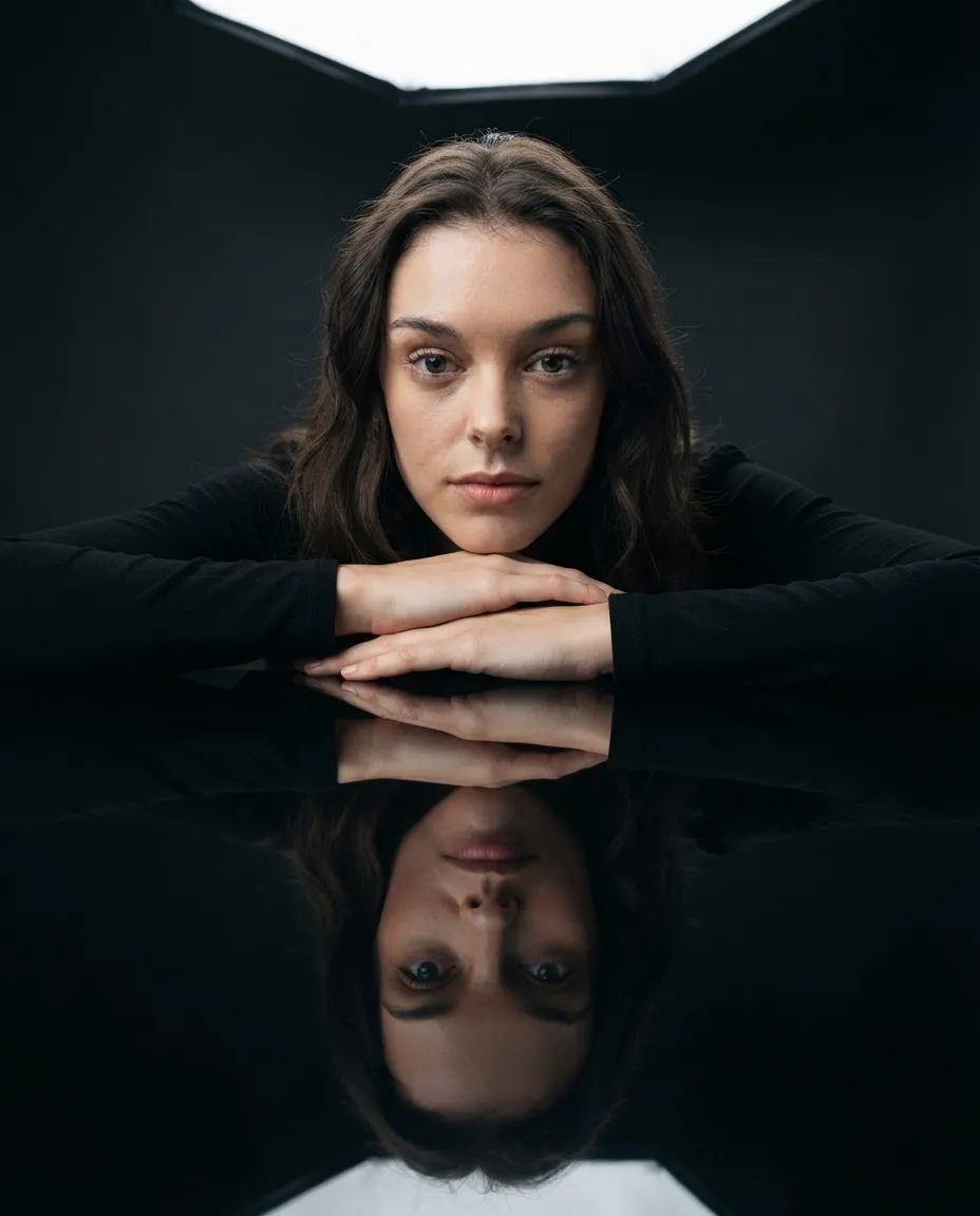 Studio portrait leaning on a black mirrored table with a perfect reflection below