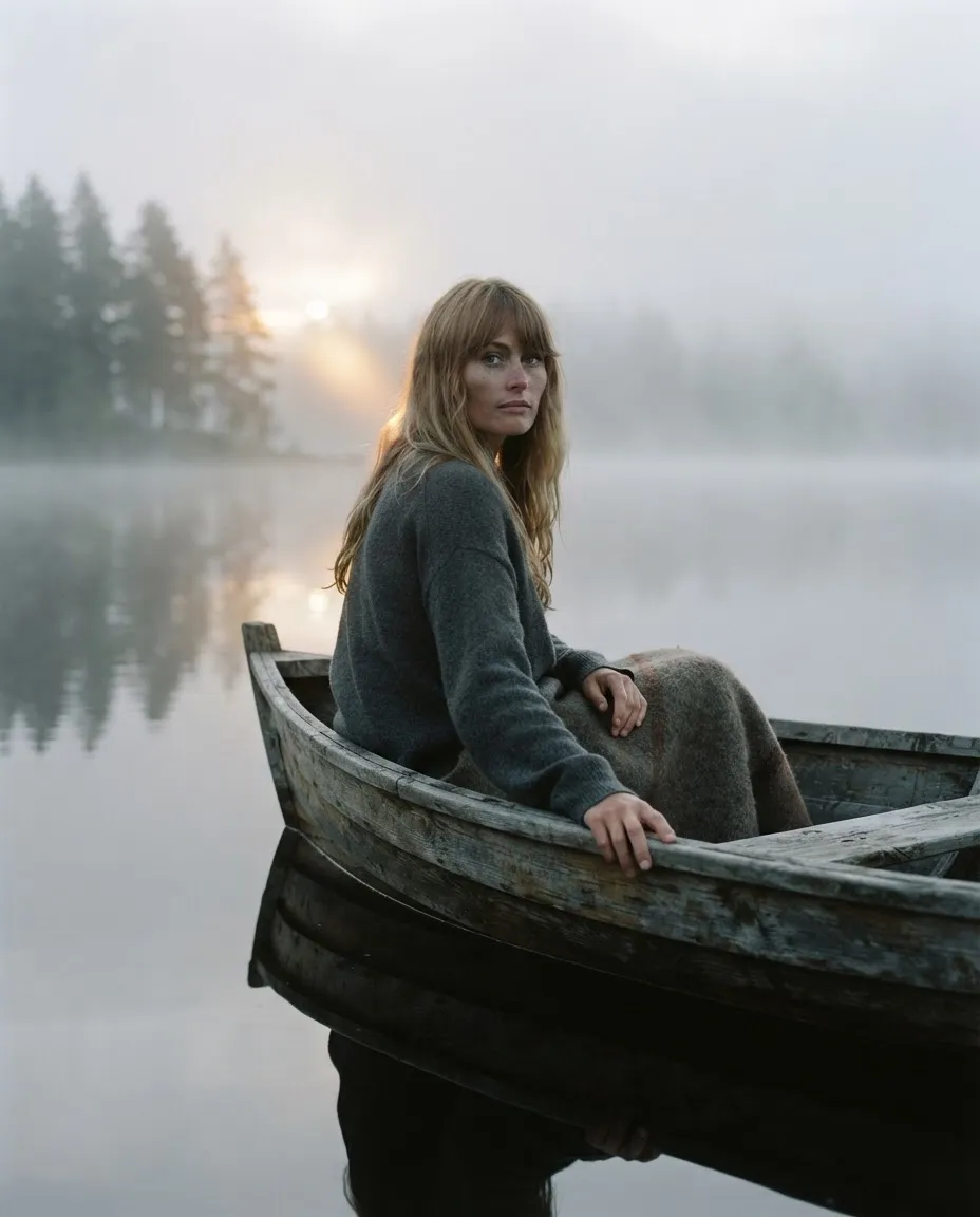 Woman sitting in a wooden rowboat on a fog-covered lake at dawn with mist over flat water