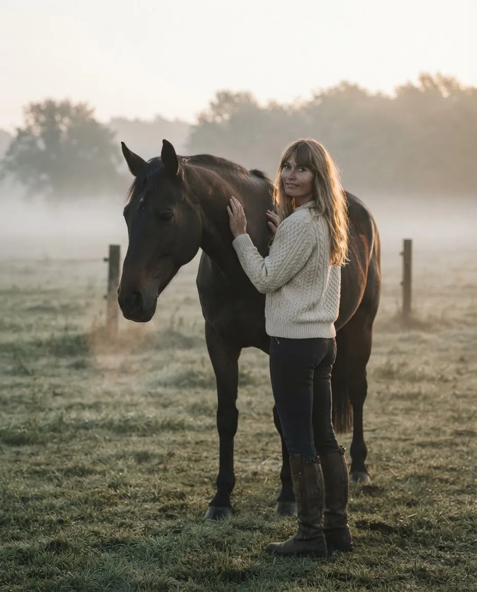 Woman standing beside a dark horse in a misty morning meadow with sun breaking through the fog