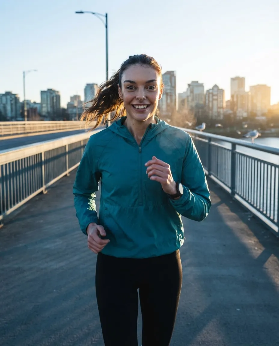 Young woman running on an empty city bridge at sunrise with breath visible in the cold air