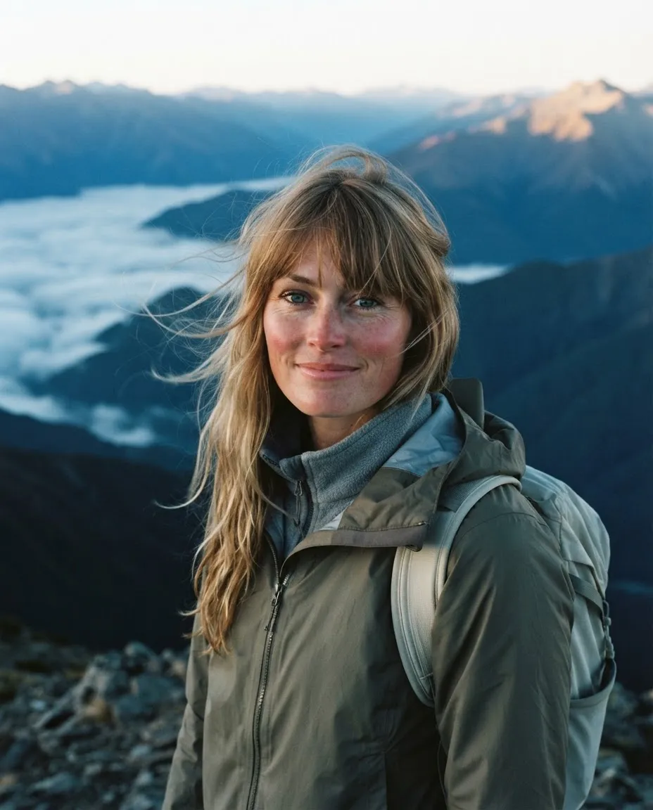 Woman in a windbreaker on a mountain summit at sunrise with ridgelines and a sea of clouds behind