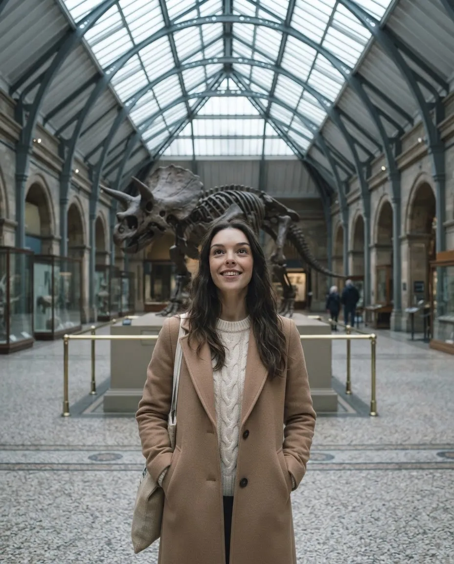 Young woman standing in a vaulted natural history museum hall beneath a large skeleton exhibit
