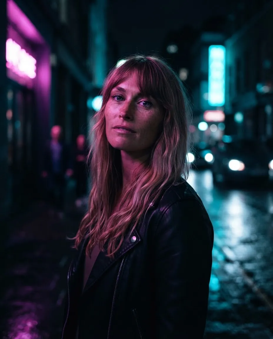 Woman on a wet city street at night lit by pink and cyan neon signs reflecting off the asphalt