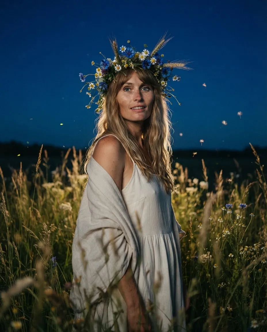 Woman wearing a wildflower crown standing in a night field, cool moonlight with a warm backlight