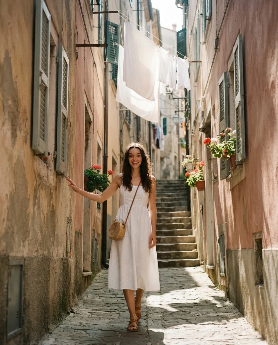 Young woman in a narrow old town alley with laundry strung overhead and a shaft of sunlight