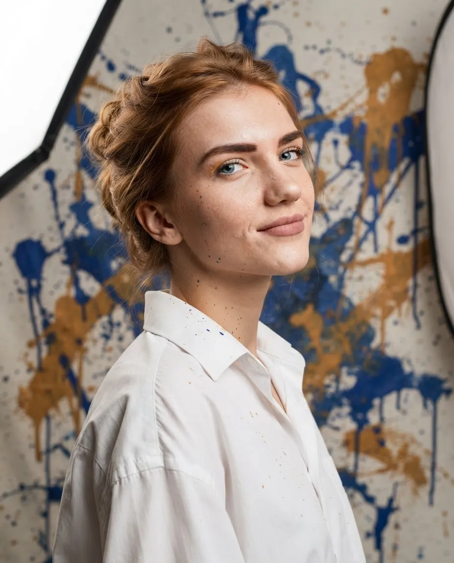 Studio portrait against a hand-splattered paint backdrop with matching flecks on skin and clothes