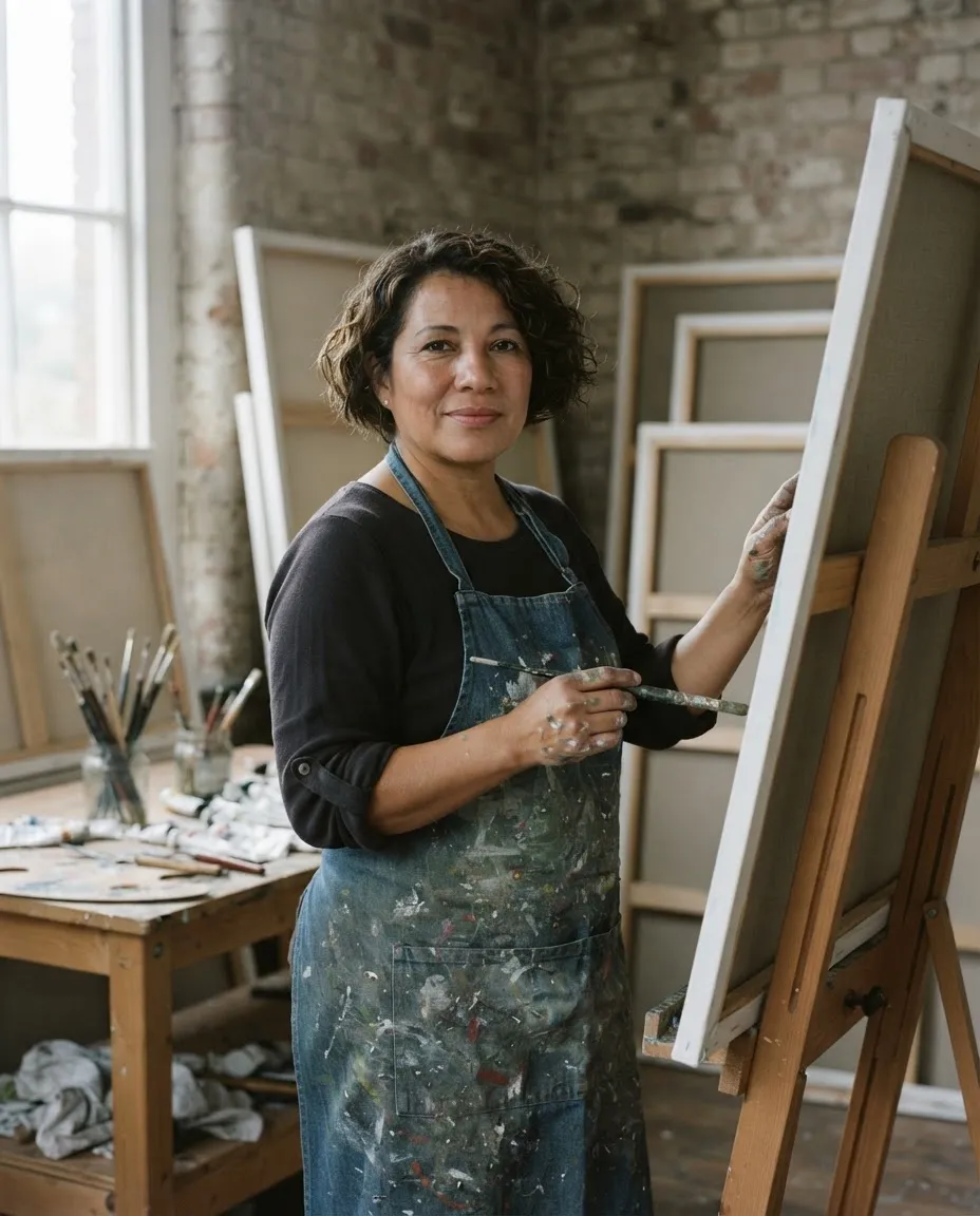 Woman in a paint-stained apron in an artist's studio with canvases and north light from a tall window