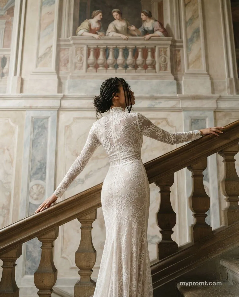 Woman seen from behind on a palace staircase in an ivory lace gown, arms along two wooden rails, beneath a Renaissance fresco of three women on a balcony