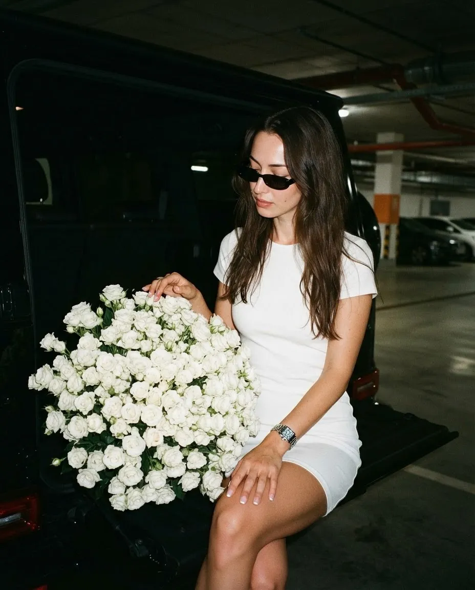 Woman in a white dress sitting on an open car tailgate with white roses in an underground car park