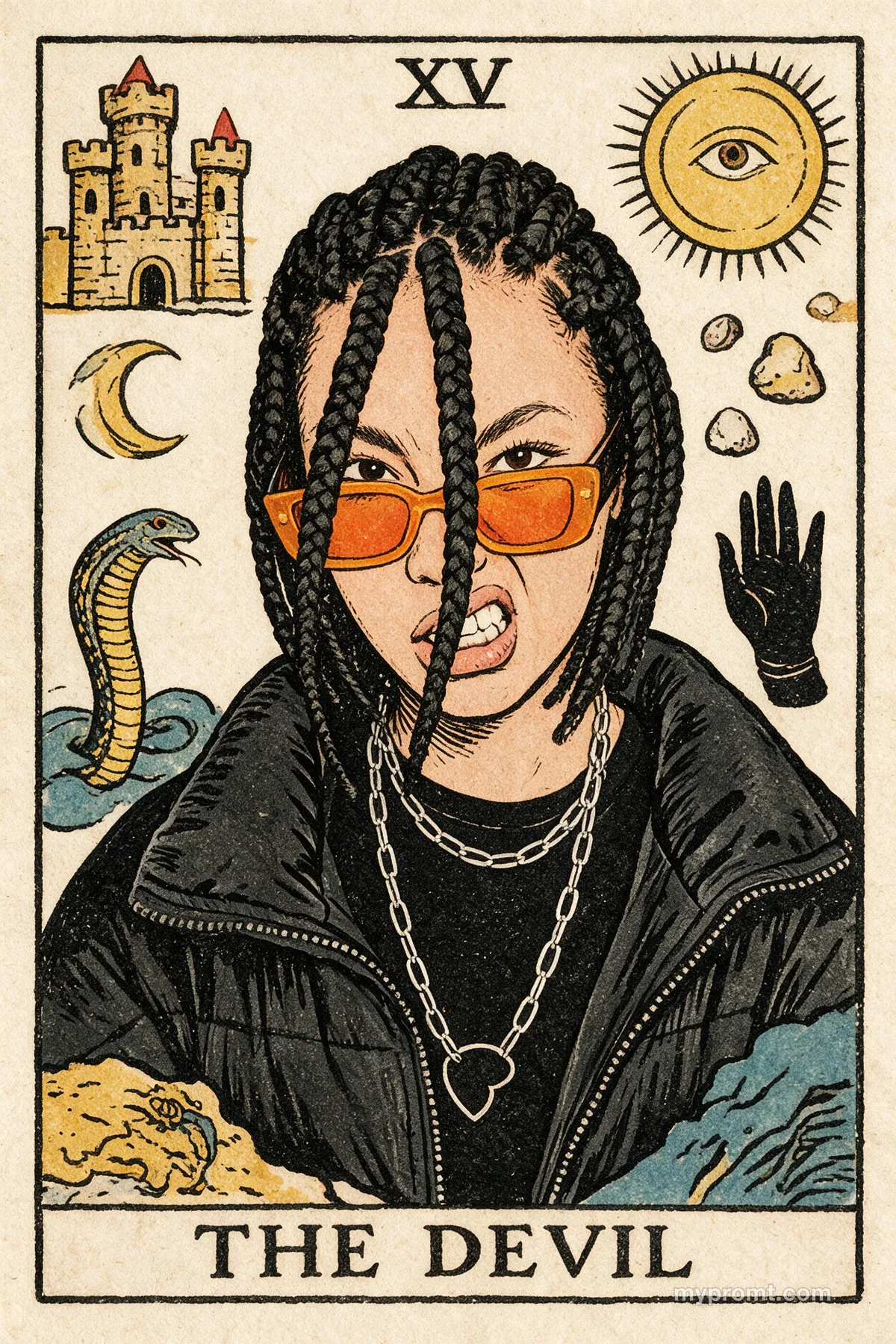 Rider-Waite style tarot card titled The Devil, showing an illustrated figure with braids and orange sunglasses surrounded by a castle, a sun, a crescent moon and a cobra