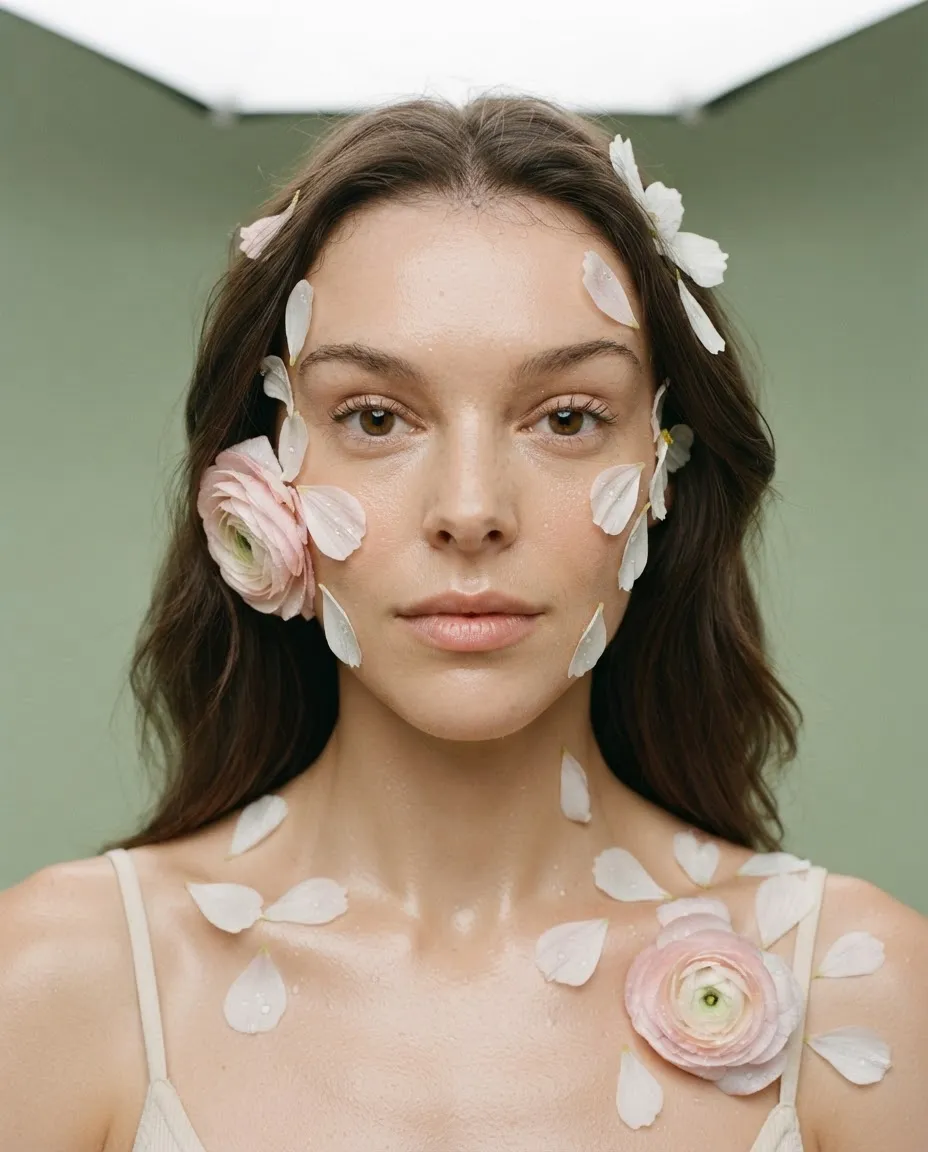 Close-up beauty portrait with fresh flower petals placed on the cheeks and shoulders