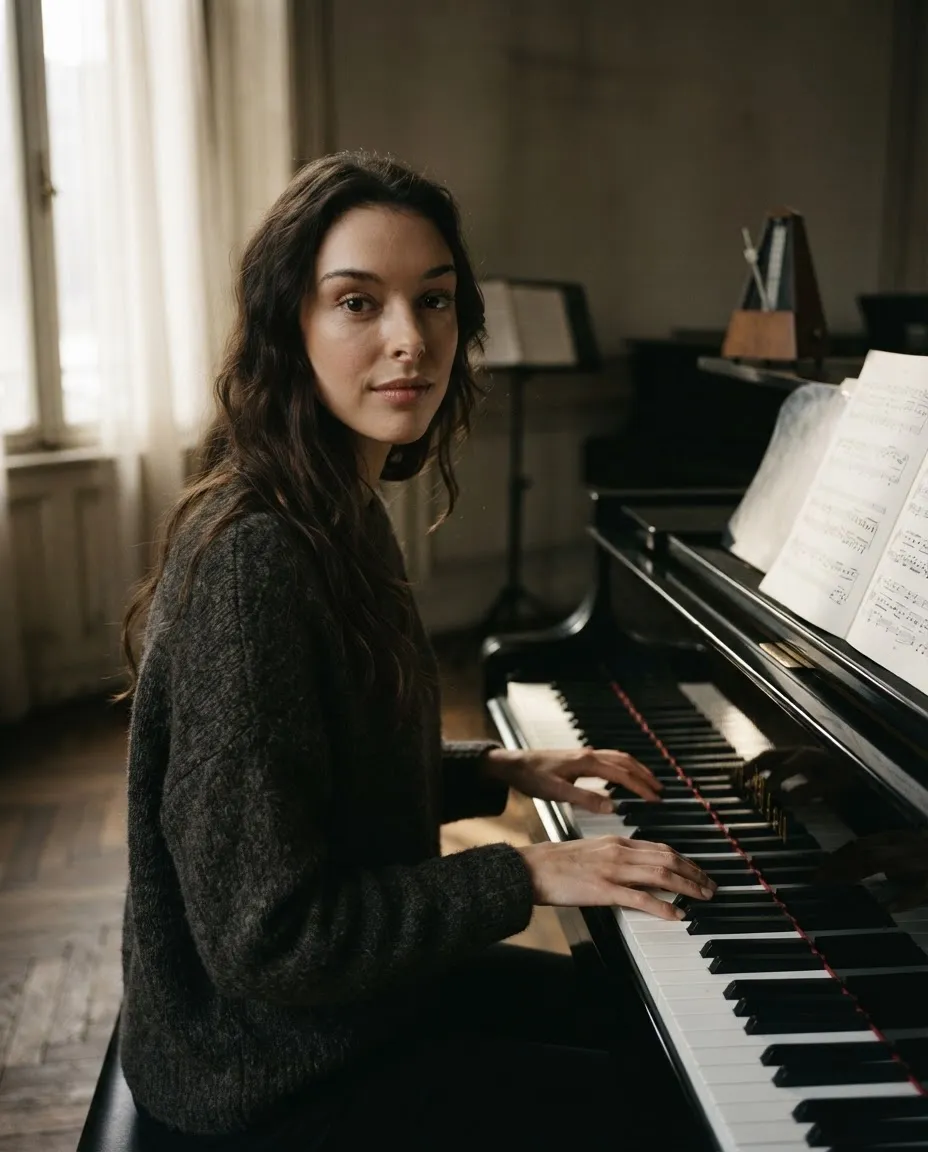 Young woman at a grand piano beside a tall window with sheet music open