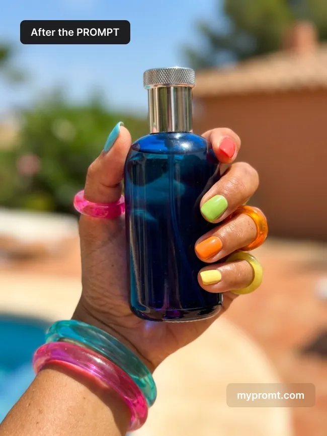 Poolside UGC photo with product in hand — AI prompt result (after)