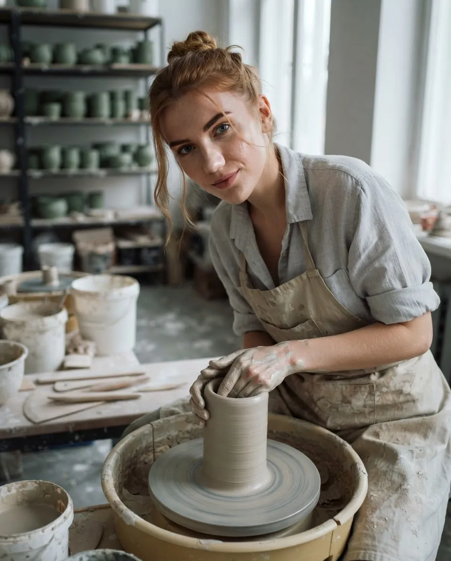 Young woman shaping clay at a pottery wheel with slip on her hands in a bright ceramics studio