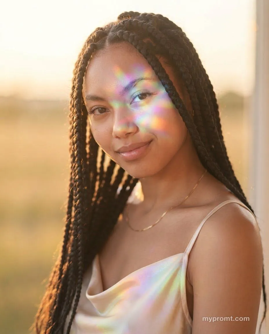 Golden hour portrait with rainbow prism refractions across the face, long braids and an iridescent silk slip top